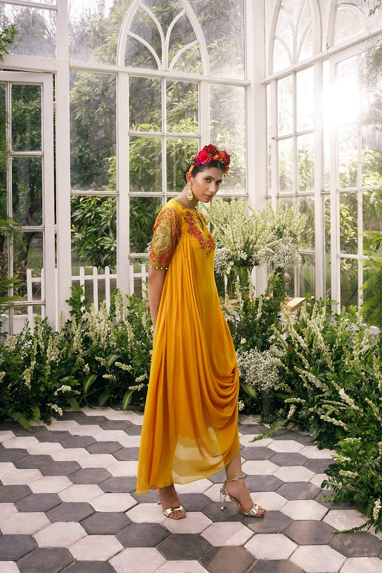 Georgette drape tunic with organza sleev