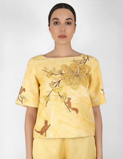 Marble print square cut blouse - Yellow