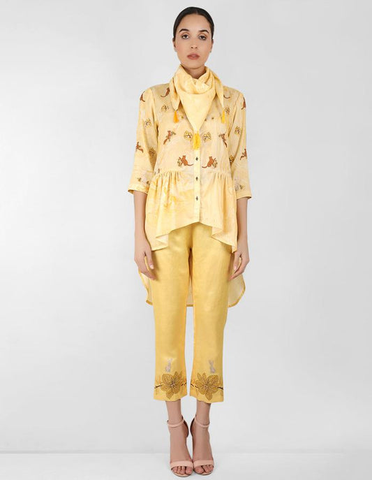 marble print Summer garden high low shirt with scarf - Yellow