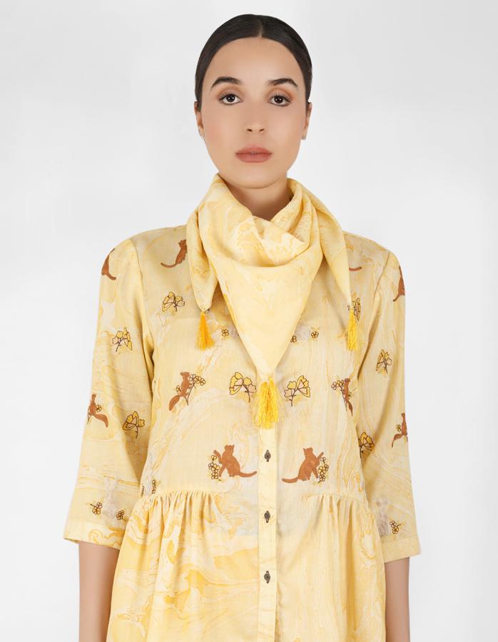 marble print Summer garden high low shirt with scarf - Yellow
