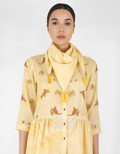 marble print Summer garden high low shirt with scarf - Yellow