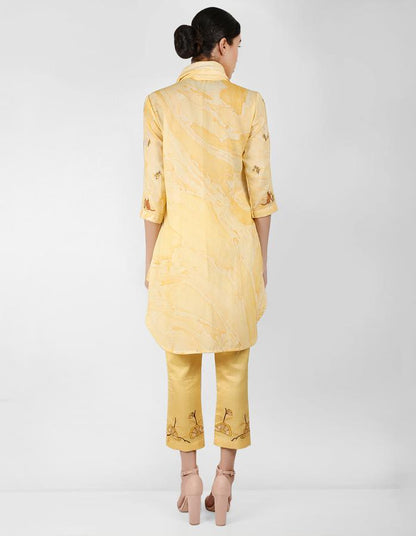 marble print Summer garden high low shirt with scarf - Yellow