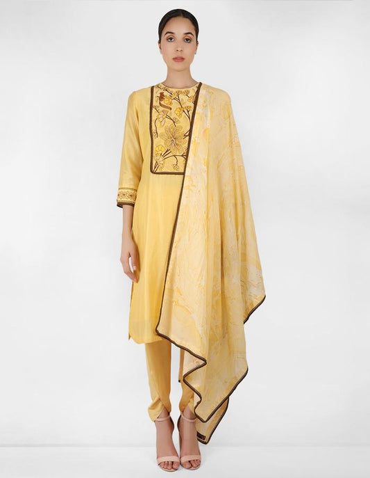 Summer garden tunic with marble print dupatta - Yellow