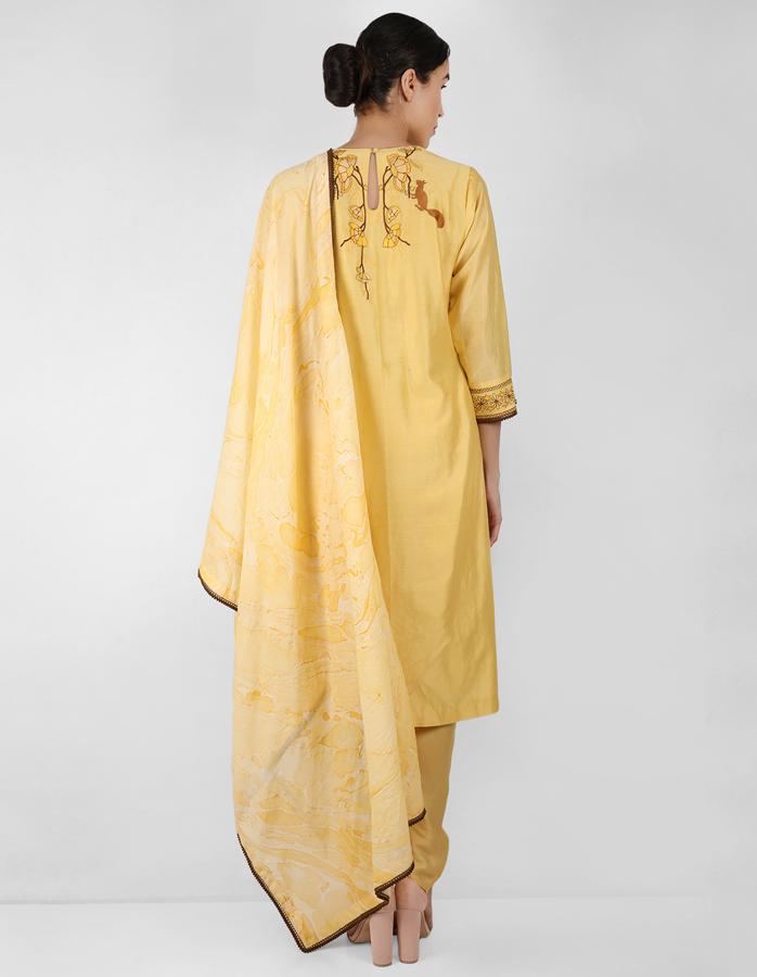 Summer garden tunic with marble print dupatta - Yellow