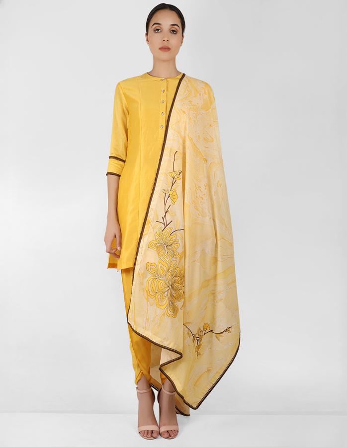 marble print Summer garden dupatta with tunic - Yellow