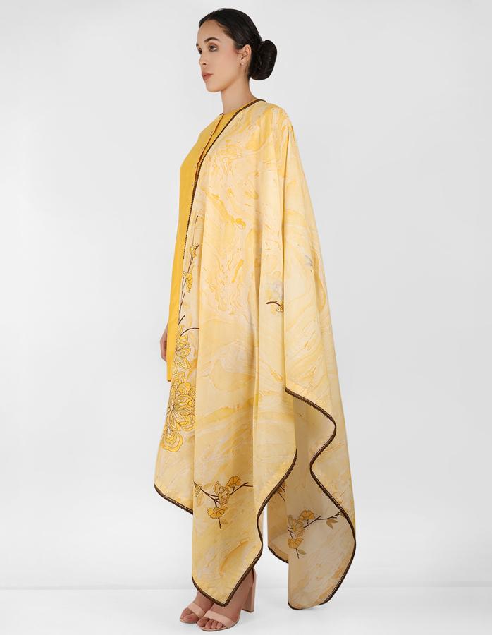 marble print Summer garden dupatta with tunic - Yellow