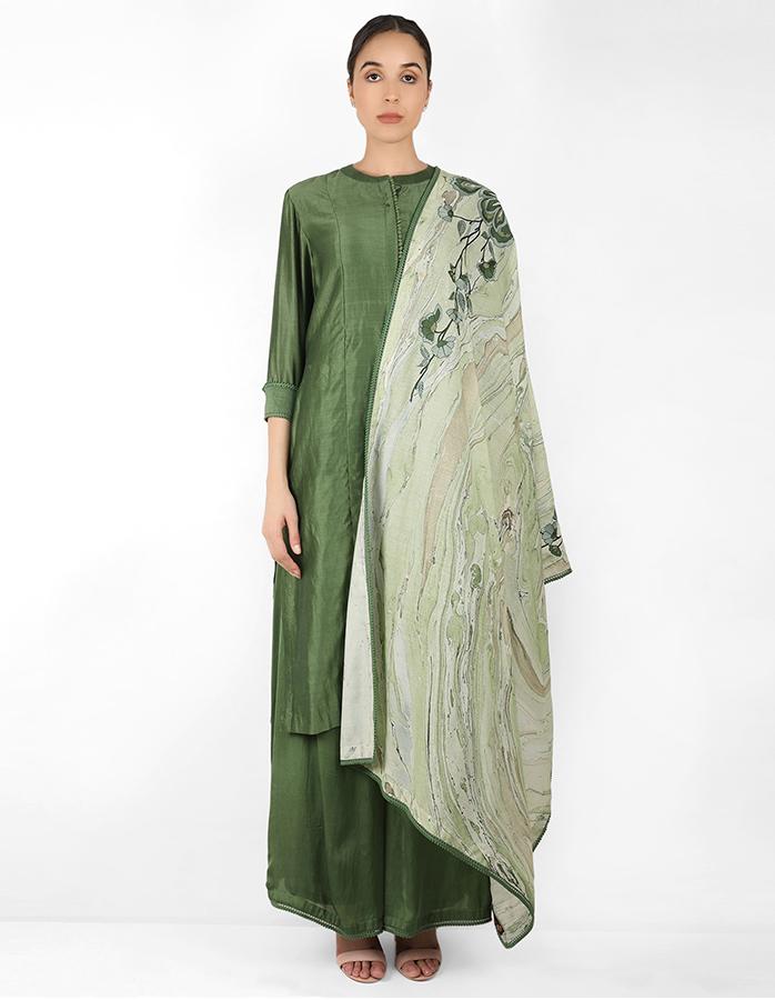 marble print Summer garden dupatta with tunic - Green