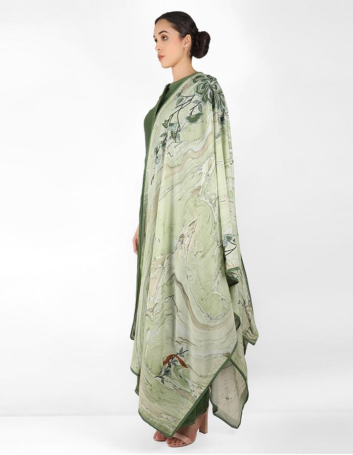 marble print Summer garden dupatta with tunic - Green