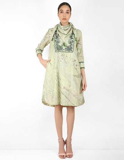marble print Summer garden tunic dress with scarf - Green