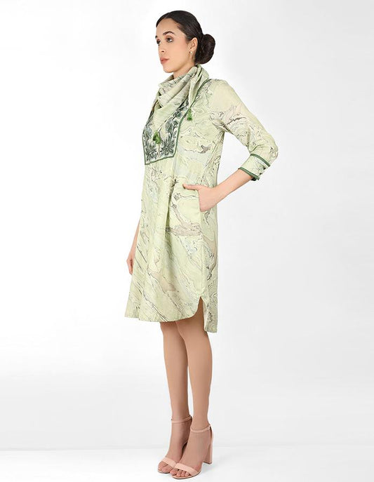 marble print Summer garden tunic dress with scarf - Green