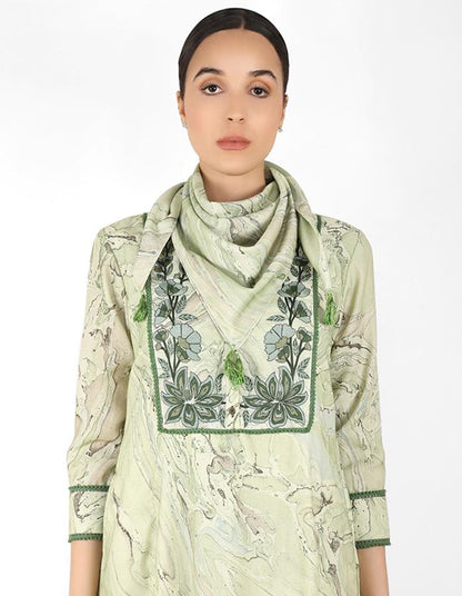 marble print Summer garden tunic dress with scarf - Green