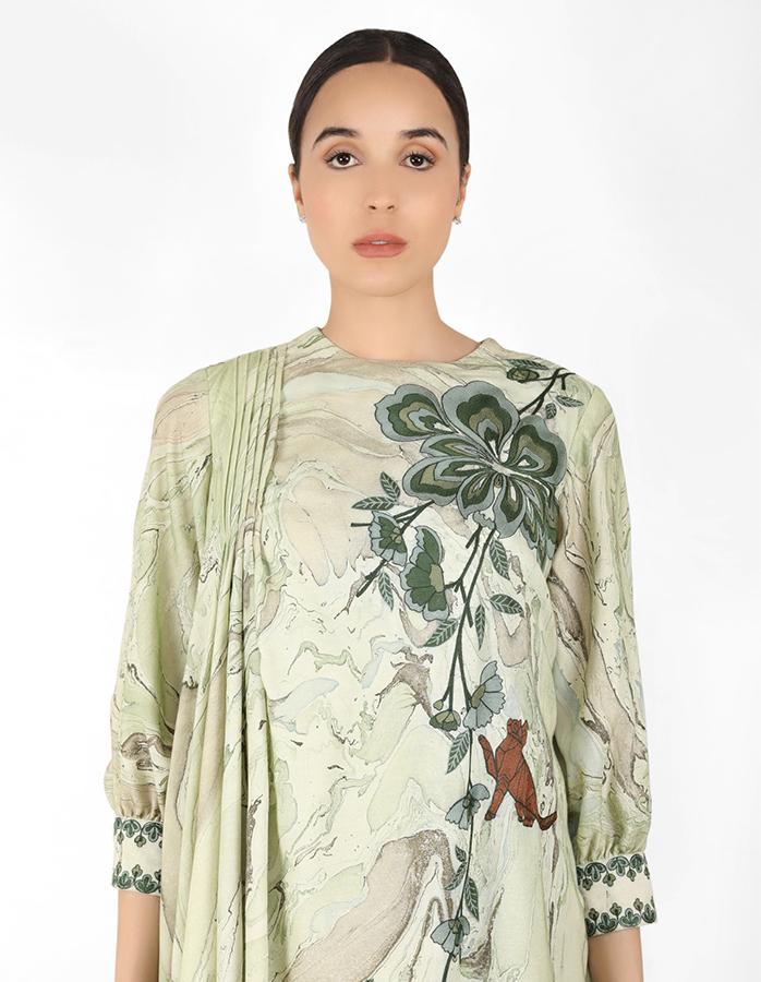 marble print Summer garden drape tunic - Green
