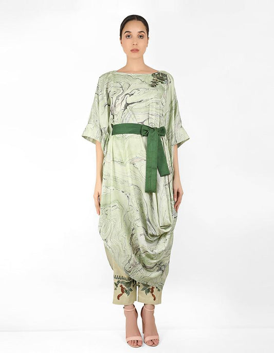 Marble print drape tunic dress with belt - Green