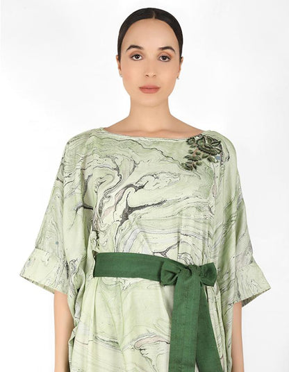 Marble print drape tunic dress with belt - Green
