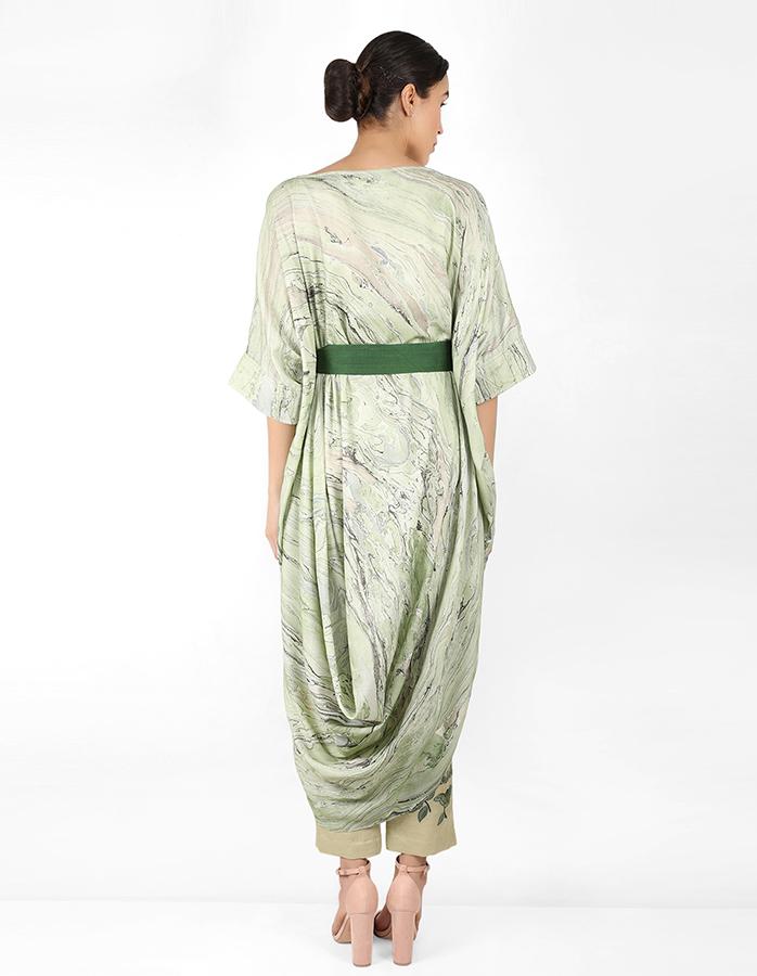 Marble print drape tunic dress with belt - Green