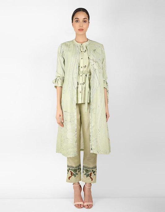 Marble  print long jacket with shirt - Green