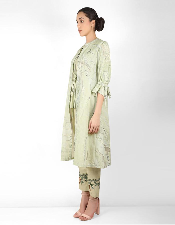 Marble  print long jacket with shirt - Green