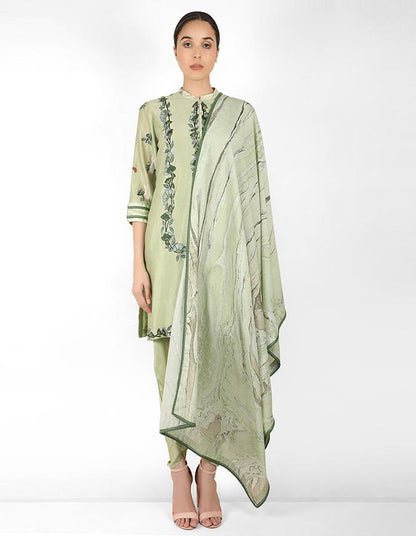 Summer garden tunic with marble print dupatta - Green