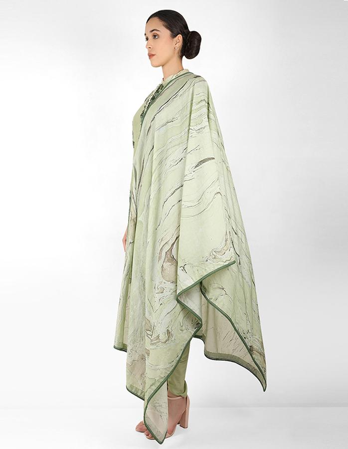 Summer garden tunic with marble print dupatta - Green