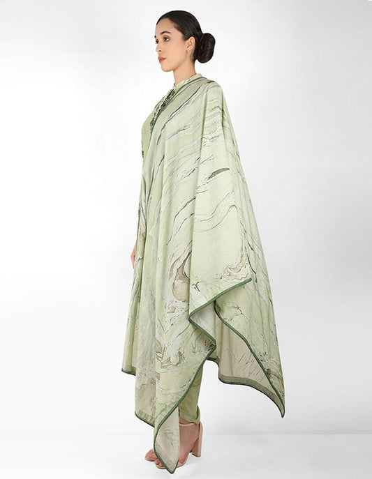 Summer garden tunic with marble print dupatta - Green
