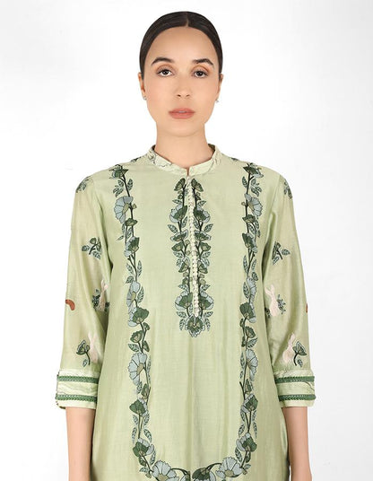 Summer garden tunic with marble print dupatta - Green