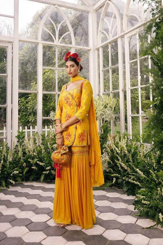 Silk kurti with sequin embroidered georgette dupatta with georgette sharara