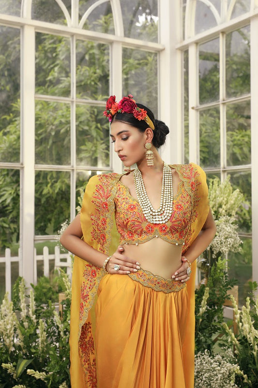 Silk blouse with irish satin skirt and organza cape