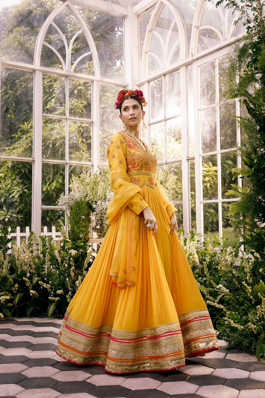 Anarkali with over lap silk yoke with scallop neck line