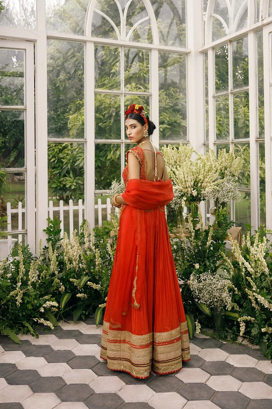 Anarkali with silk yoke with scallop neck line embroidered with multi colour thread