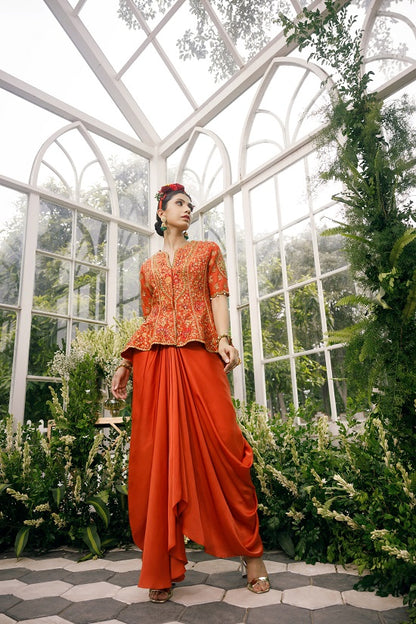 Silk jacket top with irish satin drape skirt