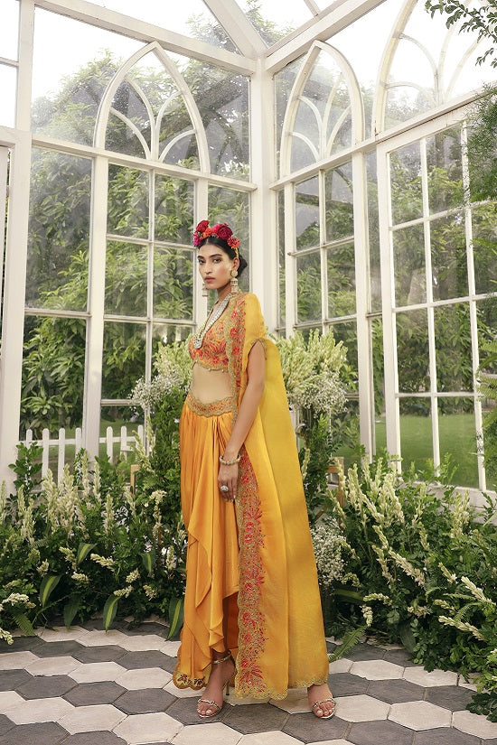 Silk blouse with irish satin skirt and organza cape
