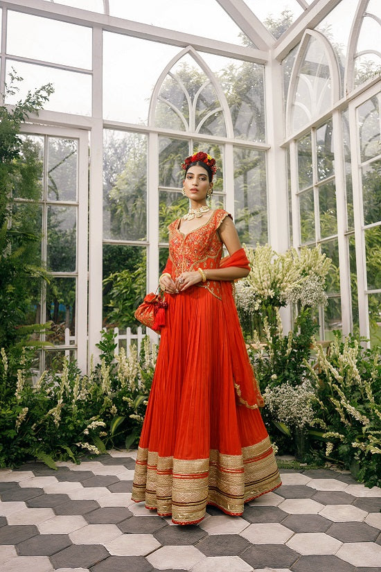 Anarkali with silk yoke with scallop neck line embroidered with multi colour thread