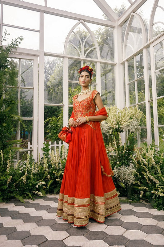 Anarkali with silk yoke with scallop neck line embroidered with multi colour thread