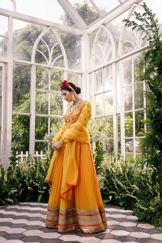 Anarkali with over lap silk yoke with scallop neck line