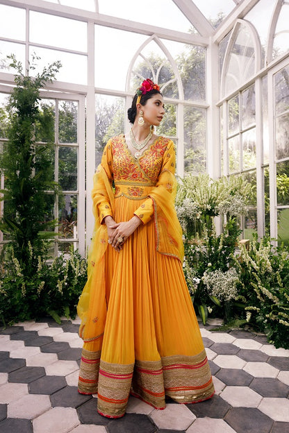 Anarkali with over lap silk yoke with scallop neck line