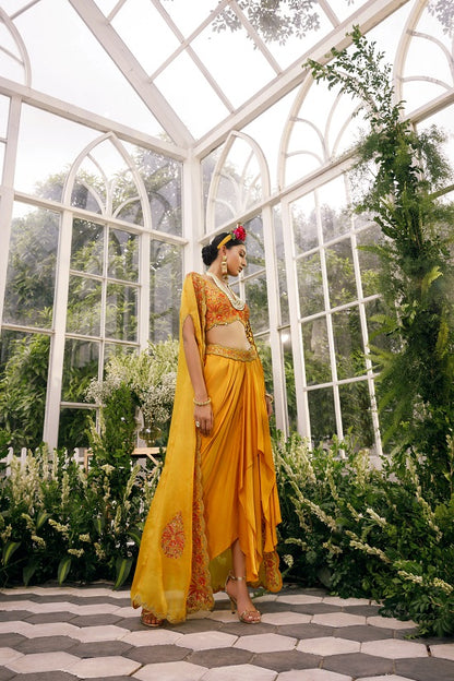 Silk blouse with irish satin skirt and organza cape