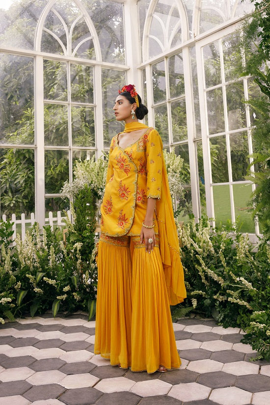 Silk kurti with sequin embroidered georgette dupatta with georgette sharara