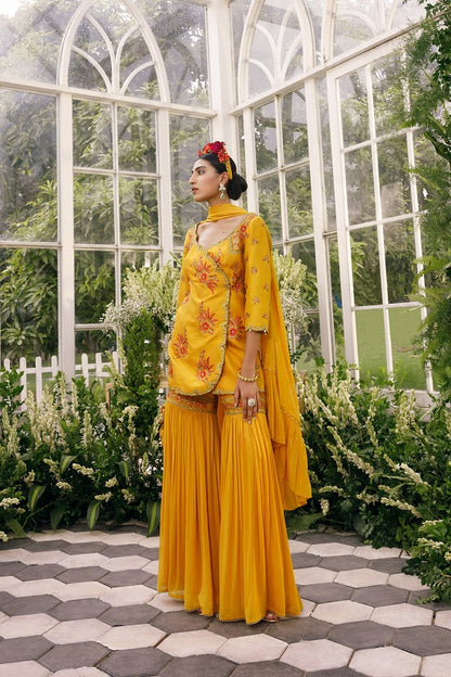 Silk kurti with sequin embroidered georgette dupatta with georgette sharara