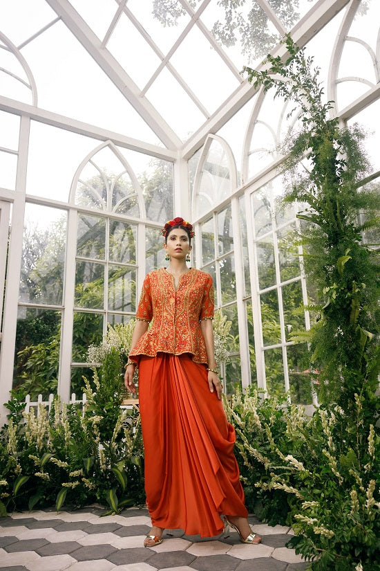 Silk jacket top with irish satin drape skirt
