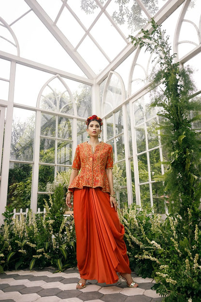 Silk jacket top with irish satin drape skirt