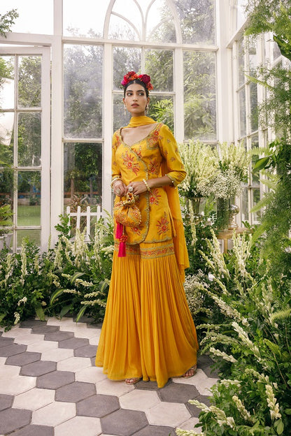 Silk kurti with sequin embroidered georgette dupatta with georgette sharara