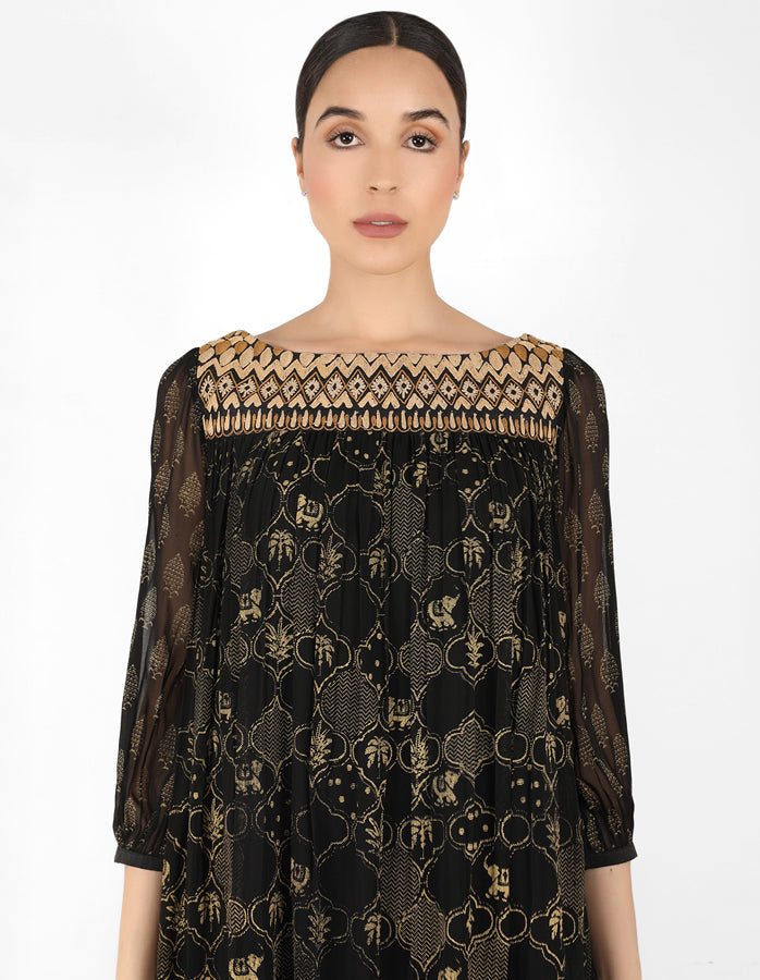 The forest  bohemian yoke dress - Black