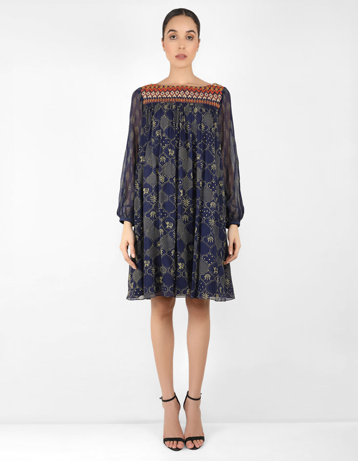 The forest  bohemian yoke dress - Navy Blue
