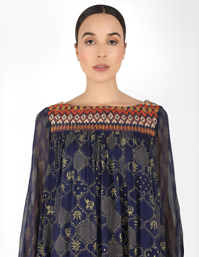 The forest  bohemian yoke dress - Navy Blue