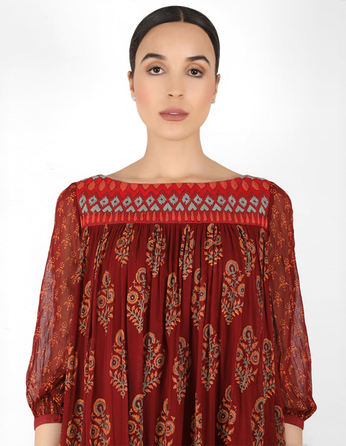 The forest  bohemian yoke dress - Maroon