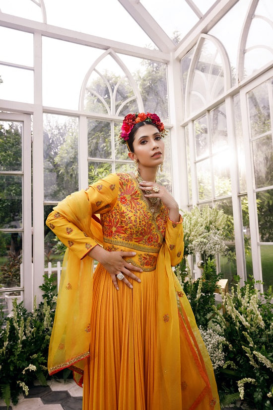 Anarkali with over lap silk yoke with scallop neck line