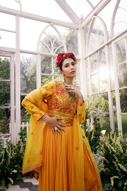 Anarkali with over lap silk yoke with scallop neck line