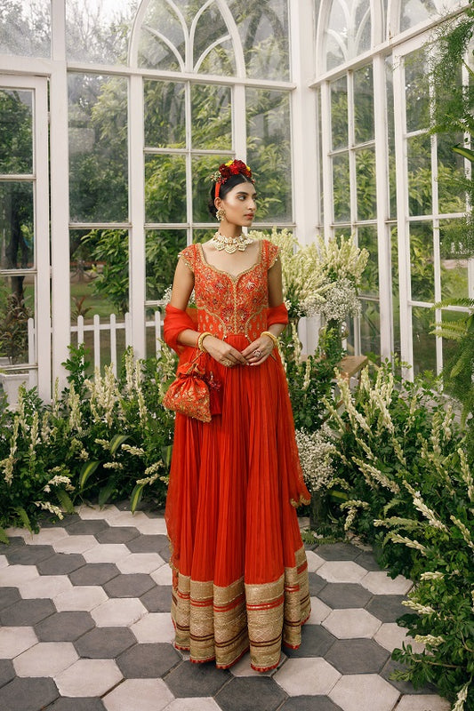 Anarkali with silk yoke with scallop neck line embroidered with multi colour thread