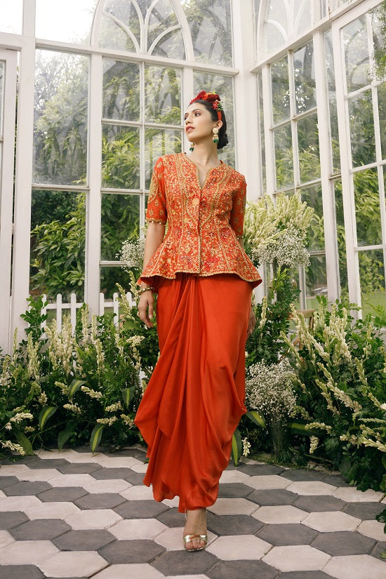 Silk jacket top with irish satin drape skirt