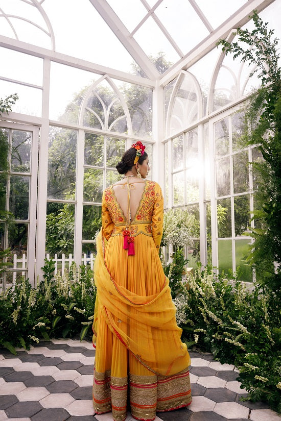 Anarkali with over lap silk yoke with scallop neck line
